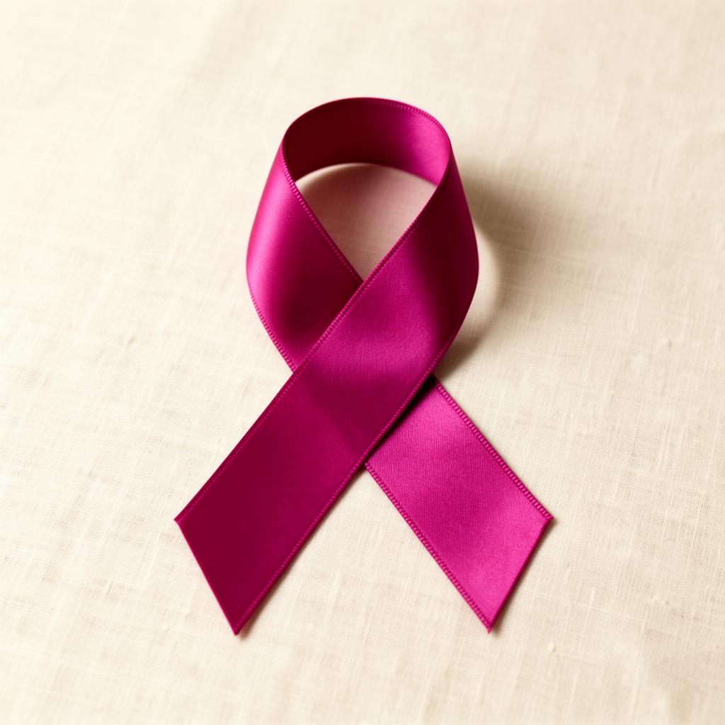 A magenta satin awareness ribbon resting on soft linen
